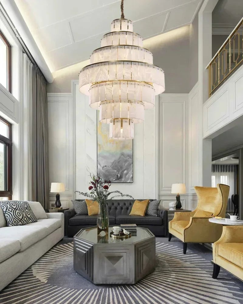 LightsStory Series Geometric Chandelier | Multi-Tiered Rectangular Natural Gypsum Alabaster, Natural Matte Finish for Grand Lobbies and Spacious Entrances Luxury Modern Chandelier