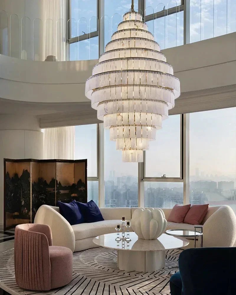 LightsStory Series Geometric Chandelier | Multi-Tiered Rectangular Natural Gypsum Alabaster, Natural Matte Finish for Grand Lobbies and Spacious Entrances Luxury Modern Chandelier