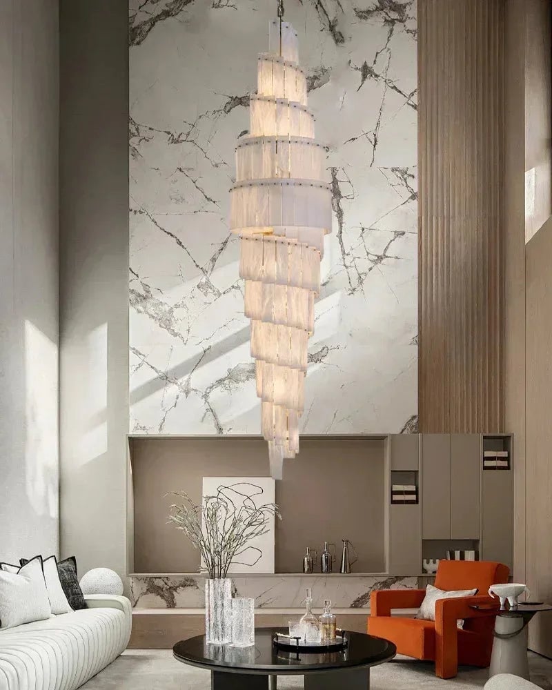 LightsStory Series Geometric Chandelier | Multi-Tiered Rectangular Natural Gypsum Alabaster, Natural Matte Finish for Grand Lobbies and Spacious Entrances Luxury Modern Chandelier