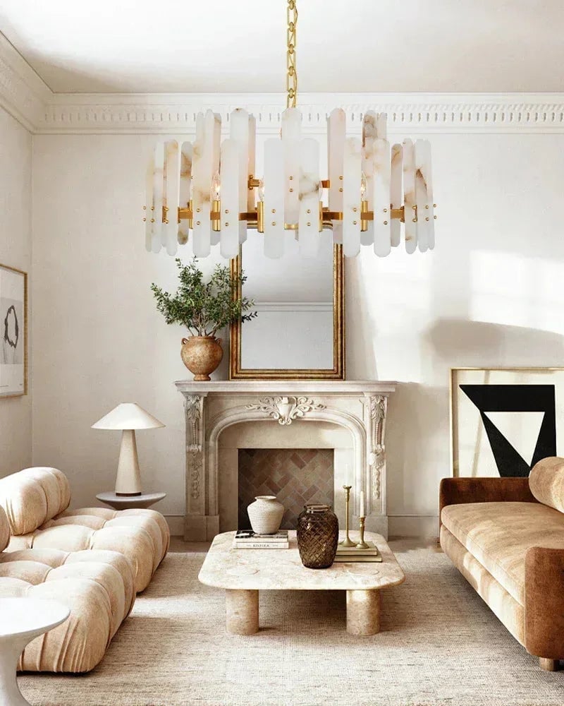 LightsStory Series Geometric Chandelier | Oval Natural Alabaster with Brushed Metal, Brushed Metal finish for Dining Rooms and Minimalist Living Spaces American chandelier