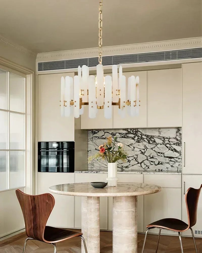 LightsStory Series Geometric Chandelier | Oval Natural Alabaster with Brushed Metal, Brushed Metal finish for Dining Rooms and Minimalist Living Spaces American chandelier