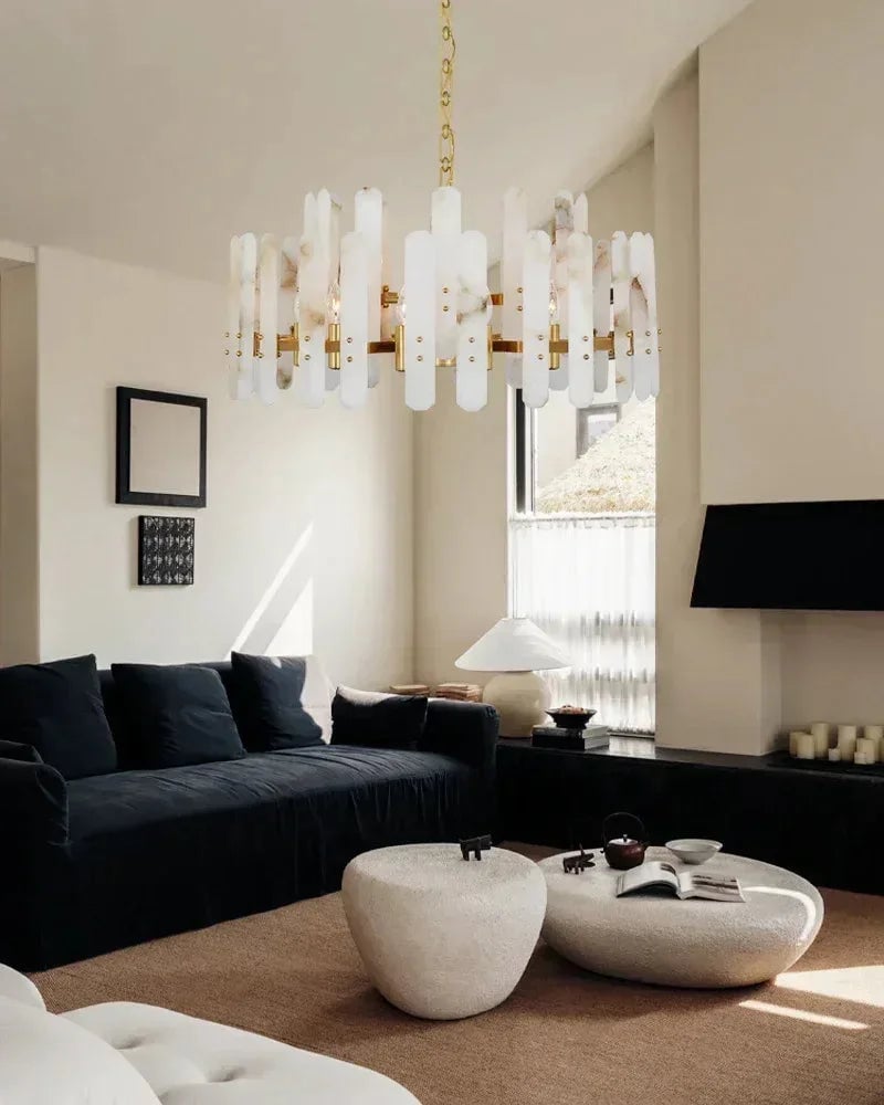 LightsStory Series Geometric Chandelier | Oval Natural Alabaster with Brushed Metal, Brushed Metal finish for Dining Rooms and Minimalist Living Spaces American chandelier