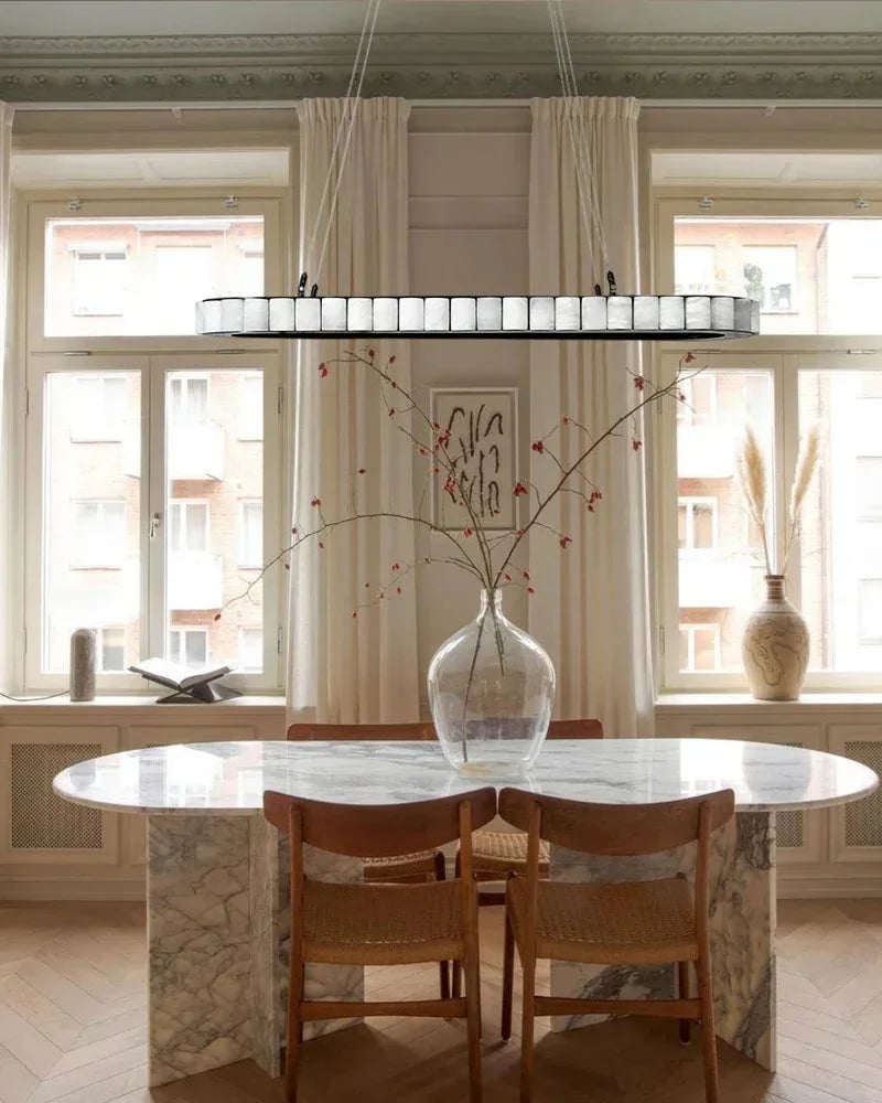 LightsStory Series Geometric Chandelier | Oval Ring Hand-finished natural alabaster columns and sustainable marble detailing, Matte black and glossy golden accents for Kitchen Islands and luxury dining areas American chandelier