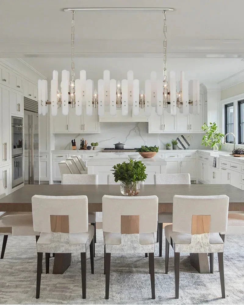 LightsStory Series Geometric Chandelier | Rectangular Natural Alabaster with Brushed Metal Frame, Brushed Chrome finish for Dining Rooms and Transitional Spaces American chandelier