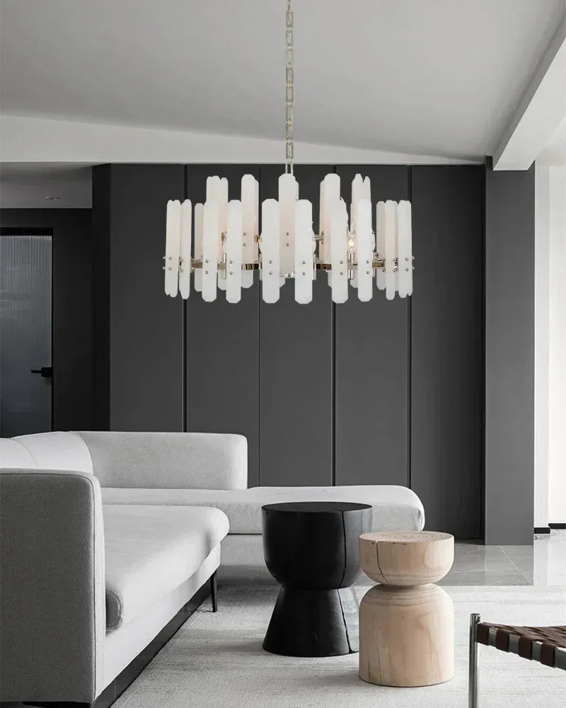 LightsStory Series Geometric Chandelier | Rectangular Natural Alabaster with Brushed Metal Frame, Brushed Chrome finish for Dining Rooms and Transitional Spaces American chandelier