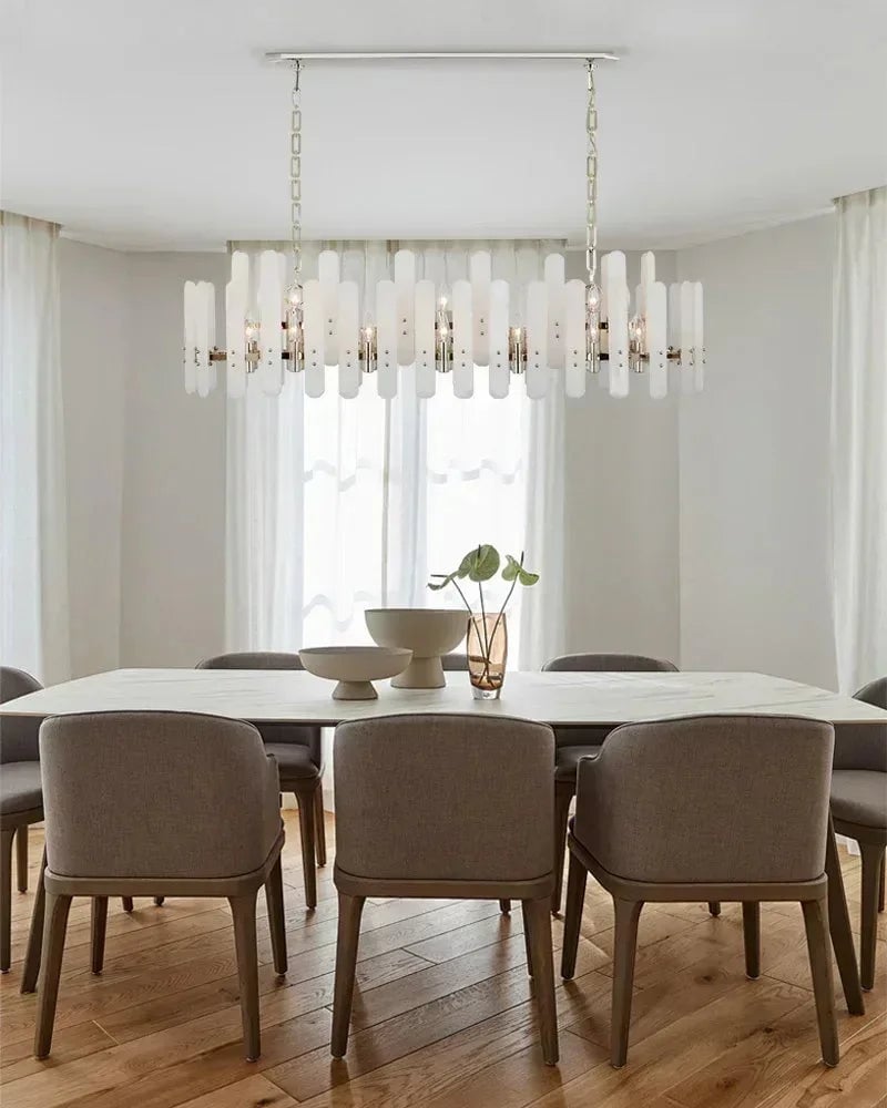 LightsStory Series Geometric Chandelier | Rectangular Natural Alabaster with Brushed Metal Frame, Brushed Chrome finish for Dining Rooms and Transitional Spaces American chandelier