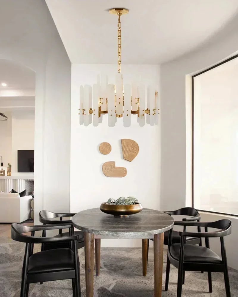 LightsStory Series Geometric Chandelier | Rectangular Natural Alabaster with Brushed Metal Frame, Brushed Chrome finish for Dining Rooms and Transitional Spaces American chandelier