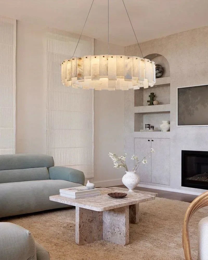 LightsStory Series Geometric Chandelier | Rectangular Oval Polished White Marble Alabaster, Premium Brass finish for Dining Rooms and Kitchen Islands American chandelier