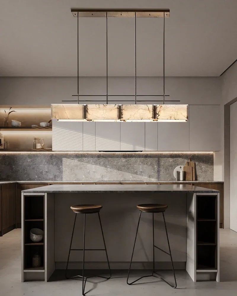 LightsStory Series Geometric Chandelier | Rectangular Premium Alabaster and Brass, Gold accents for Kitchen Islands and Dining Rooms American Vintage chandelier lamp