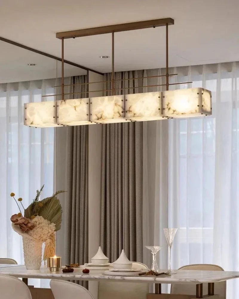 LightsStory Series Geometric Chandelier | Rectangular Premium Alabaster and Brass, Gold accents for Kitchen Islands and Dining Rooms American Vintage chandelier lamp