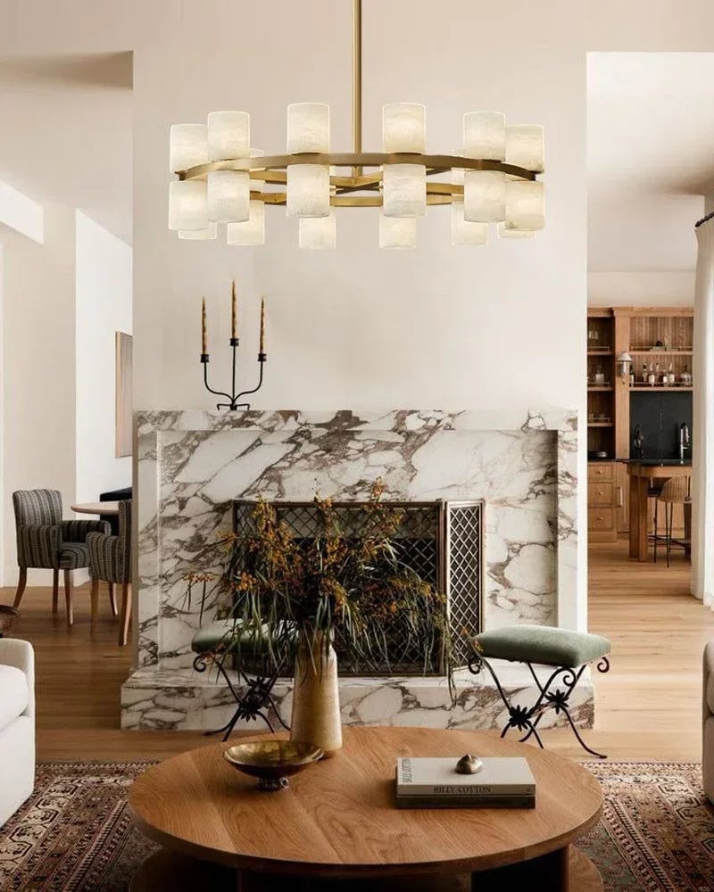 LightsStory Series Geometric Chandelier | Round Brass Hoop Marble-clad brass frame with industrial-chic rods, Polished Brass finish for Soaring foyers and statement dining rooms Modern Pendant lamp