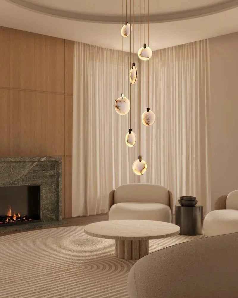 LightsStory Series Geometric Chandelier | Round Dual-Alabaster Discs Smooth Spanish marble-like alabaster with durable brass frame, Antique Brass finish for Staircases and Dining Rooms Modern Pendant lamp