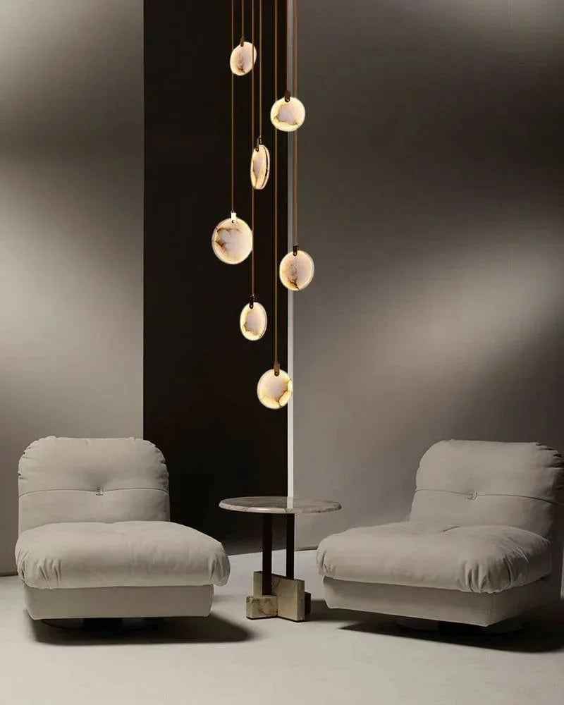 LightsStory Series Geometric Chandelier | Round Dual-Alabaster Discs Smooth Spanish marble-like alabaster with durable brass frame, Antique Brass finish for Staircases and Dining Rooms Modern Pendant lamp