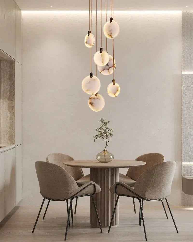 LightsStory Series Geometric Chandelier | Round Dual-Alabaster Discs Smooth Spanish marble-like alabaster with durable brass frame, Antique Brass finish for Staircases and Dining Rooms Modern Pendant lamp