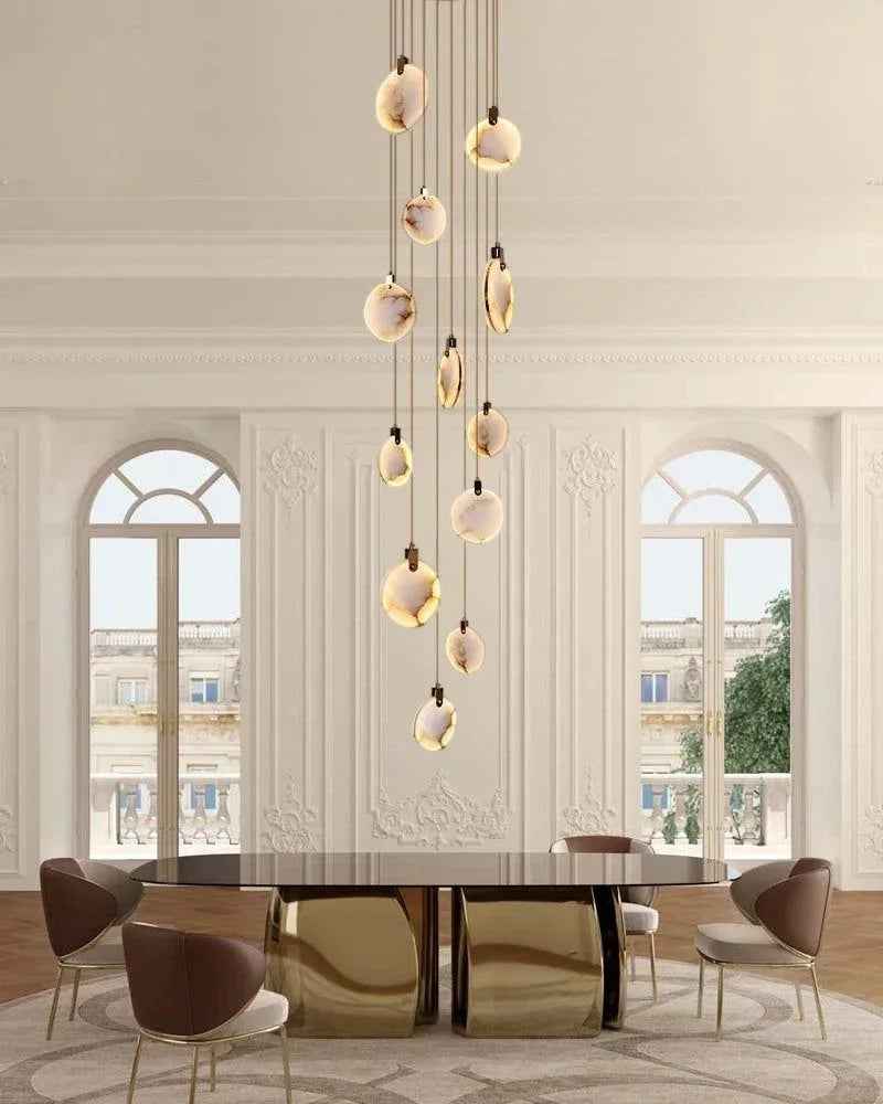 LightsStory Series Geometric Chandelier | Round Dual-Alabaster Discs Smooth Spanish marble-like alabaster with durable brass frame, Antique Brass finish for Staircases and Dining Rooms Modern Pendant lamp