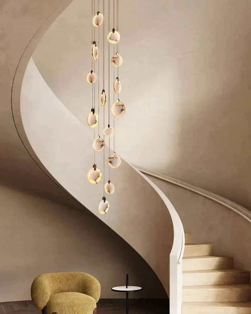 LightsStory Series Geometric Chandelier | Round Dual-Alabaster Discs Smooth Spanish marble-like alabaster with durable brass frame, Antique Brass finish for Staircases and Dining Rooms Modern Pendant lamp