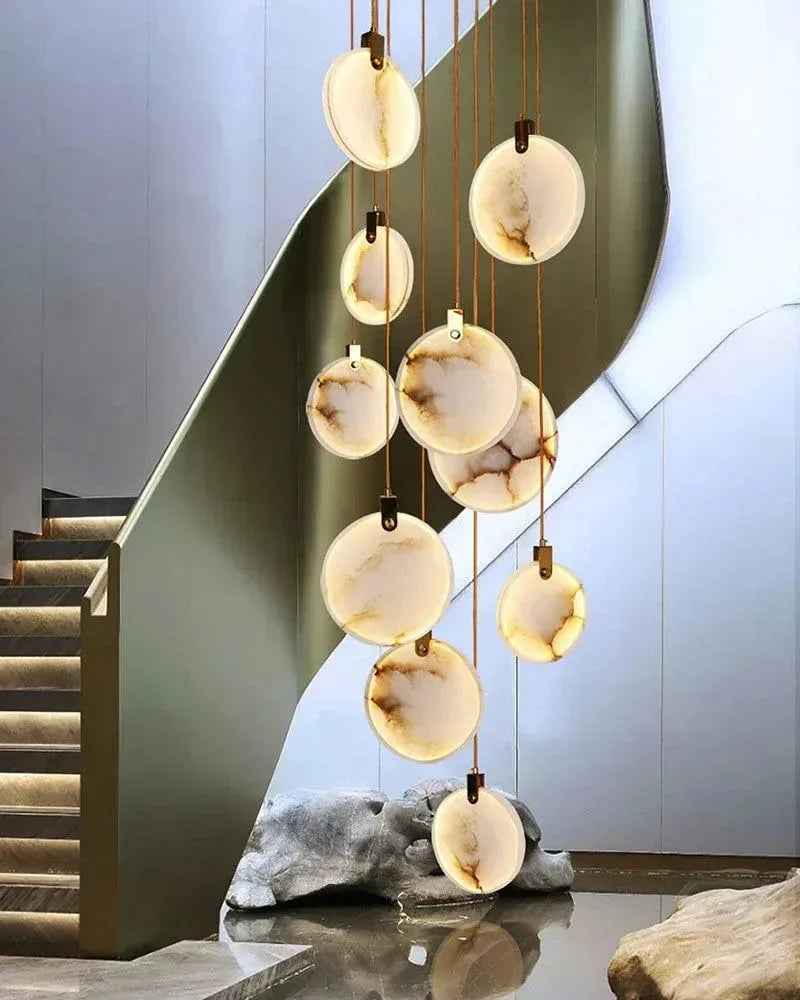 LightsStory Series Geometric Chandelier | Round Dual-Alabaster Discs Smooth Spanish marble-like alabaster with durable brass frame, Antique Brass finish for Staircases and Dining Rooms Modern Pendant lamp