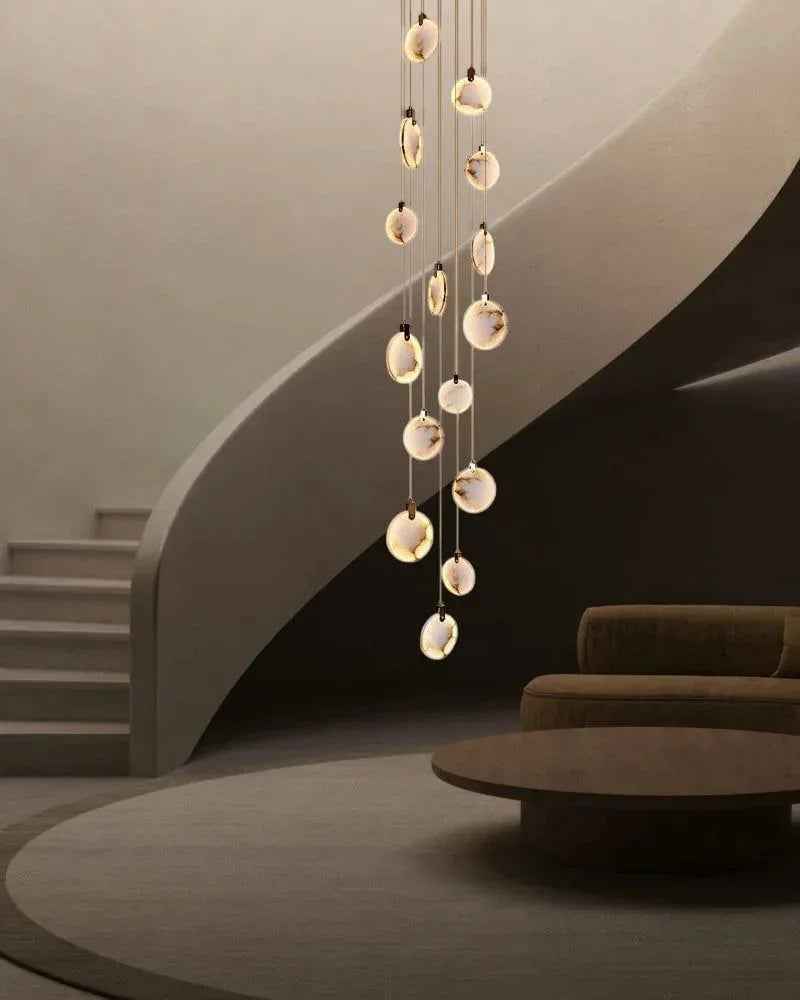 LightsStory Series Geometric Chandelier | Round Dual-Alabaster Discs Smooth Spanish marble-like alabaster with durable brass frame, Antique Brass finish for Staircases and Dining Rooms Modern Pendant lamp