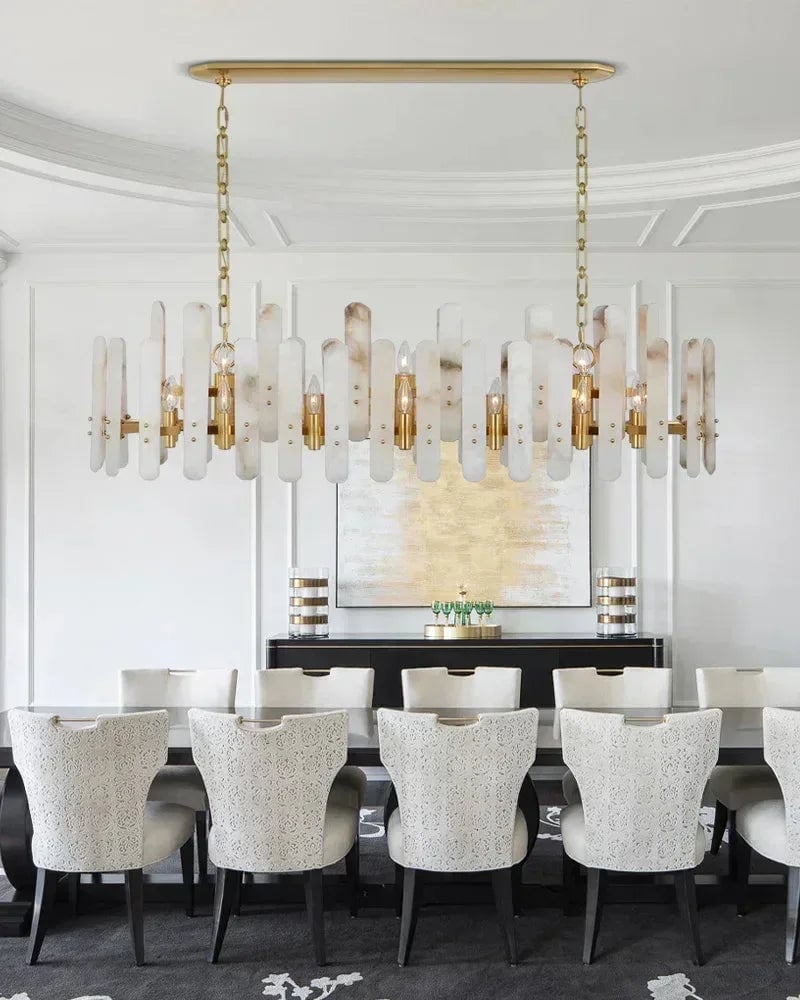 LightsStory Series Geometric Chandelier | Round Durable Alabaster and Brushed Metal, Brushed Metal finish for Kitchen Islands and Dining Rooms American chandelier