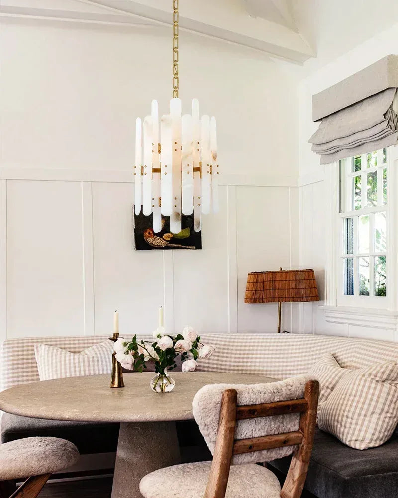 LightsStory Series Geometric Chandelier | Round Durable Alabaster and Brushed Metal, Brushed Metal finish for Kitchen Islands and Dining Rooms American chandelier