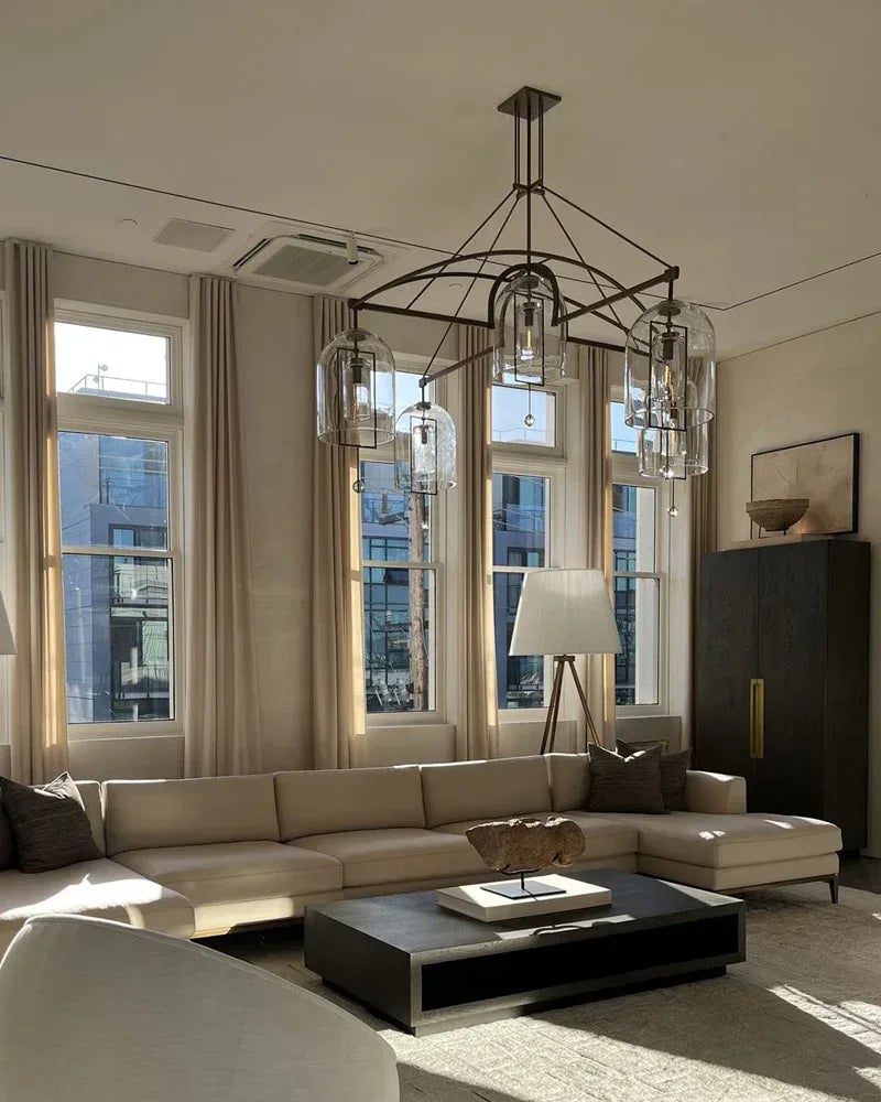 LightsStory Series Geometric Chandelier | Round Hand-Blown Glass and Metal, Brushed Black finish for Modern Dining Rooms and Entryways American Vintage chandelier lamp