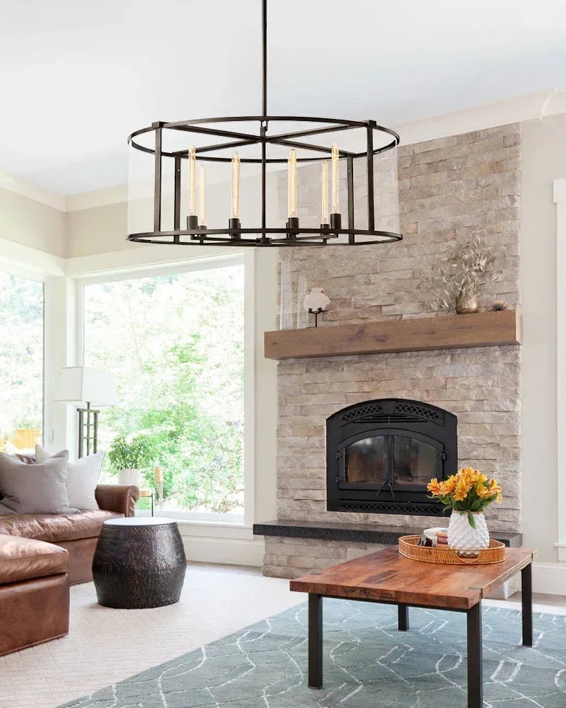 LightsStory Series Geometric Chandelier | Round Lantern Tempered glass and sleek metal frame, Brushed brass and black steel for Grand entryways and dining rooms American Vintage chandelier lamp