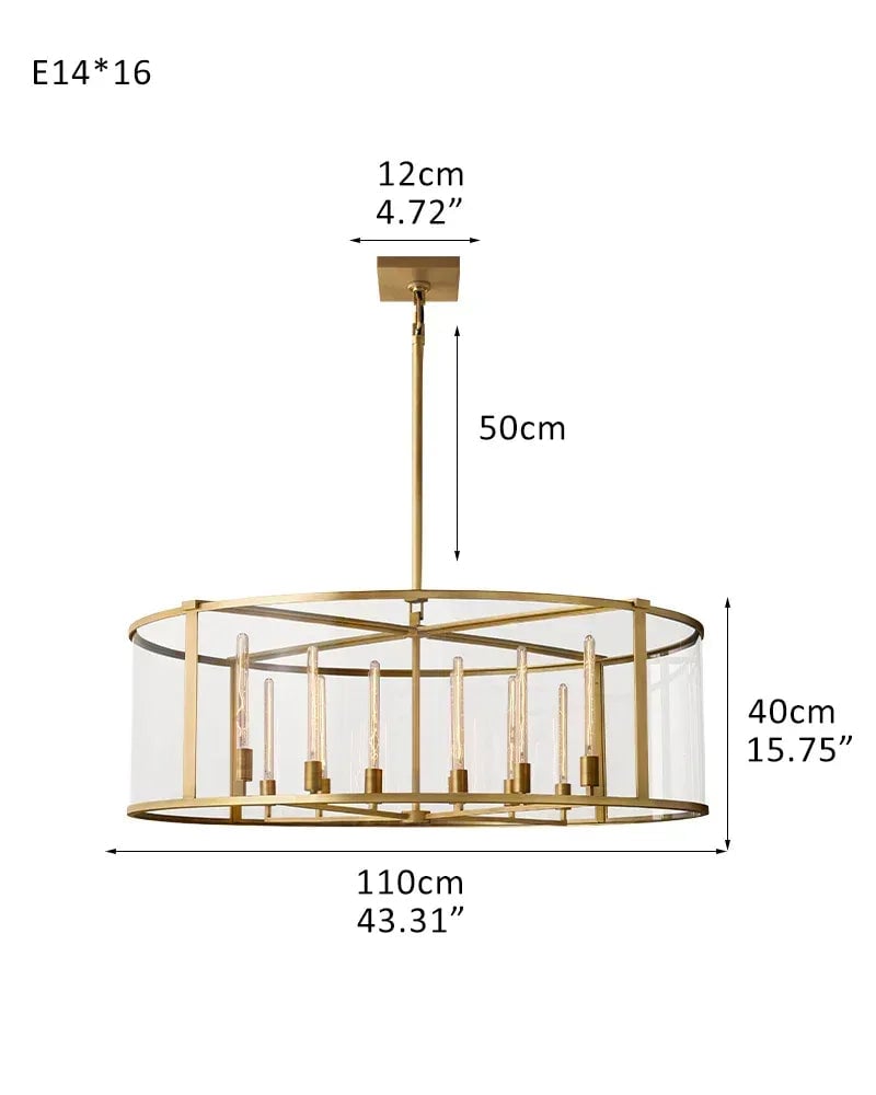 LightsStory Series Geometric Chandelier | Round Lantern Tempered glass and sleek metal frame, Brushed brass and black steel for Grand entryways and dining rooms R-L110*H40CM L43.31“*H15.75" Gold American Vintage chandelier lamp