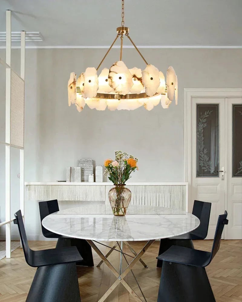 LightsStory Series Geometric Chandelier | Round Sleek White Alabaster and Polished Metal, Polished Metal finish for Dining rooms, lounges, and chic entryways American Vintage chandelier lamp