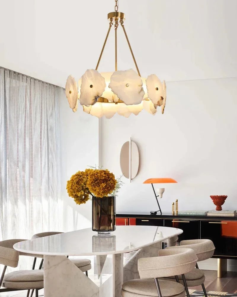 LightsStory Series Geometric Chandelier | Round Sleek White Alabaster and Polished Metal, Polished Metal finish for Dining rooms, lounges, and chic entryways American Vintage chandelier lamp