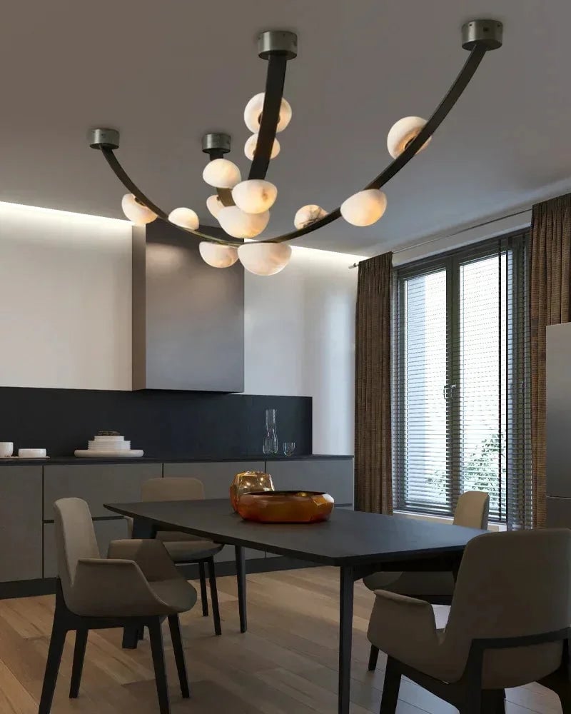 LightsStory Series Geometric Chandelier | Semi-Oval Natural marble shades with supple leather and stainless steel, Polished stainless steel finish for Modern dining rooms and minimalist living areas Modern Pendant lamp