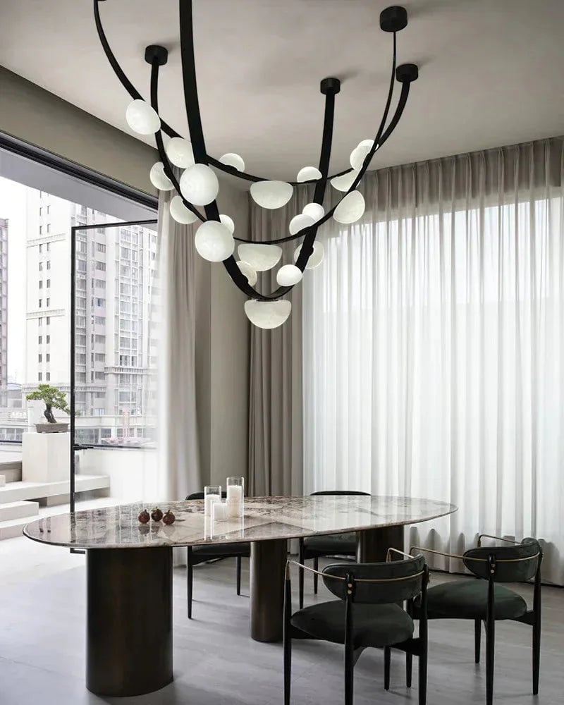 LightsStory Series Geometric Chandelier | Semi-Oval Natural marble shades with supple leather and stainless steel, Polished stainless steel finish for Modern dining rooms and minimalist living areas Modern Pendant lamp