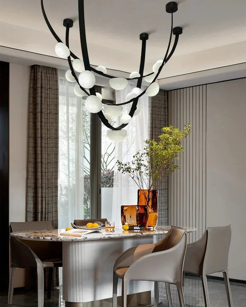 LightsStory Series Geometric Chandelier | Semi-Oval Natural marble shades with supple leather and stainless steel, Polished stainless steel finish for Modern dining rooms and minimalist living areas Modern Pendant lamp