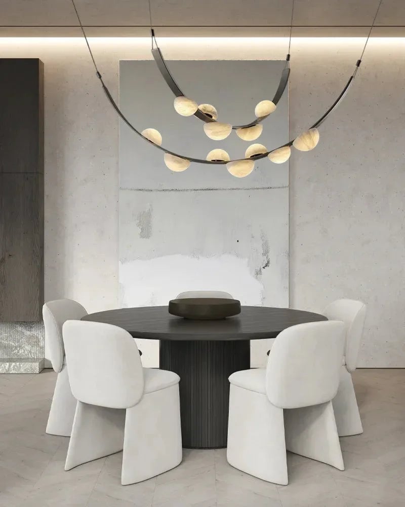 LightsStory Series Geometric Chandelier | Semi-Oval Natural marble shades with supple leather and stainless steel, Polished stainless steel finish for Modern dining rooms and minimalist living areas Modern Pendant lamp