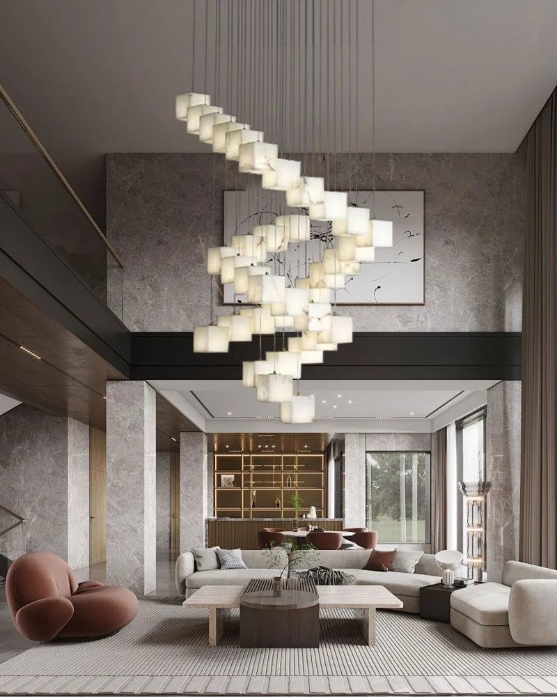 LightsStory Series Geometric Chandelier | Square Cube Cluster Natural Spanish Alabaster, Natural Stone Finish for High Ceilings and Modern Living Spaces Modern Pendant lamp