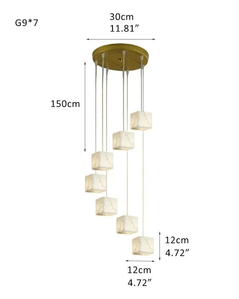 LightsStory Series Geometric Chandelier | Square Cube Cluster Natural Spanish Alabaster, Natural Stone Finish for High Ceilings and Modern Living Spaces 7-light-D12*H12cm D4.72*H4.72" White + Black Modern Pendant lamp