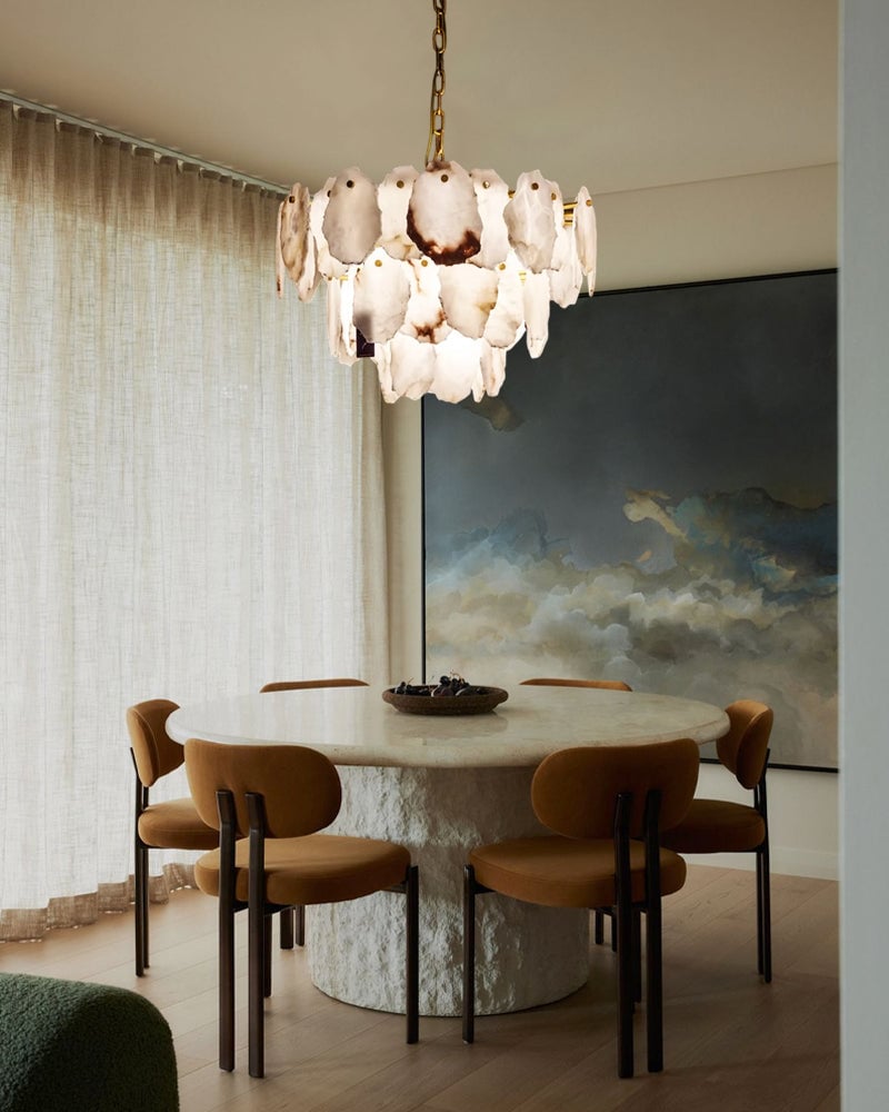 LightsStory Series Geometric Chandelier | Tier Hand-cut natural alabaster and marble, Aged Brass and Black Metal for Living rooms, dining areas, and grand entryways Luxury Modern Chandelier