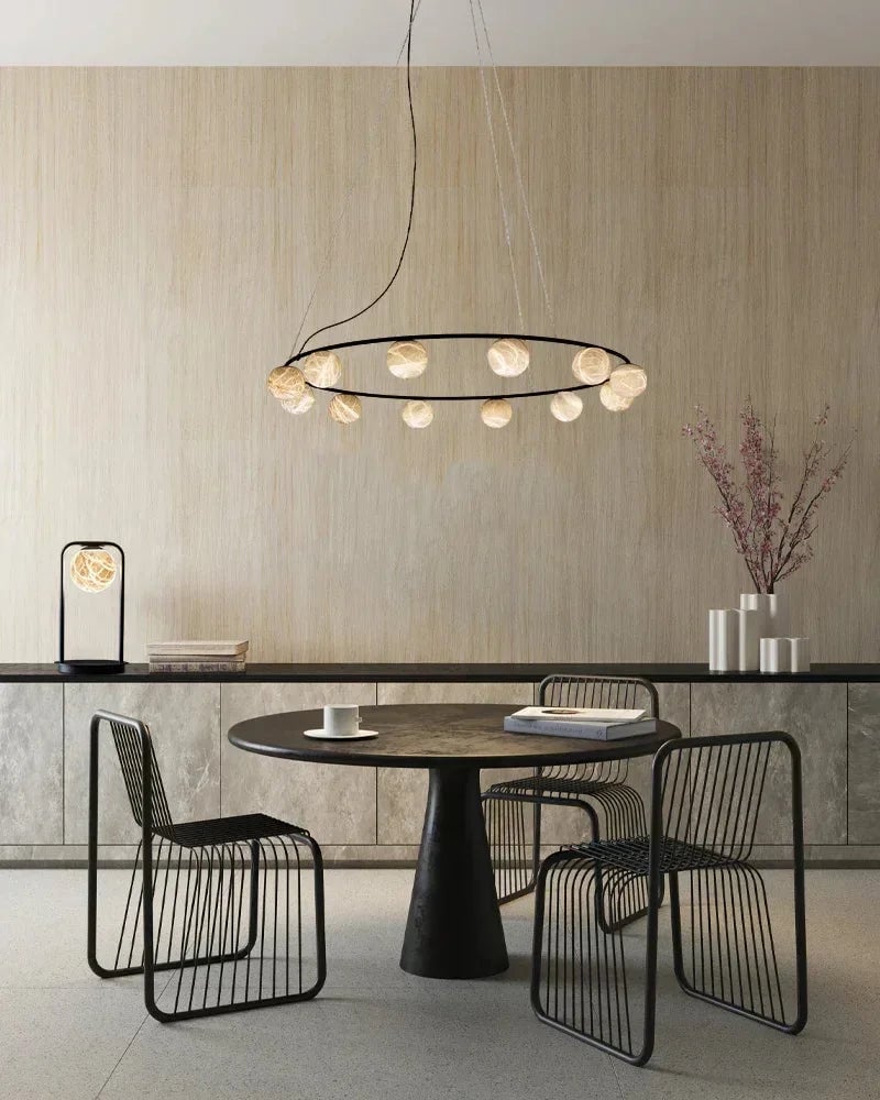 LightsStory Series Geometric Chandelier | Tiered Orb Cluster Hand-Carved Natural Alabaster, Antique Black and Brass finish for Modern Dining Rooms and Grand Foyers Modern Pendant lamp