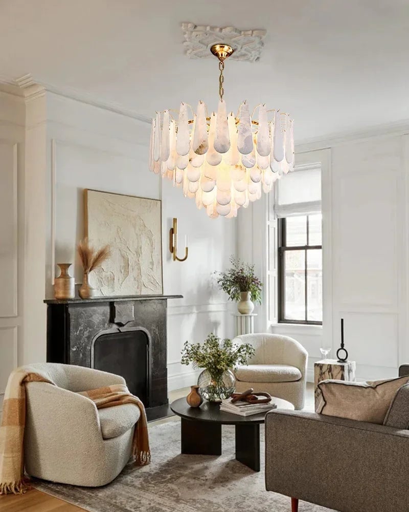 LightsStory Series Geometric Chandelier | Tiered Rectangular Thick marble-derived Alabaster, Natural Stone finish for Dining Rooms, Lobbies, and Foyers Luxury Modern Chandelier