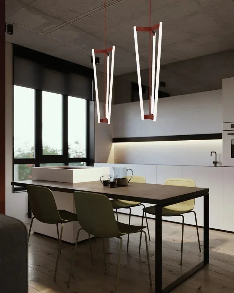 LightsStory Series Geometric Chandelier | Triple Pipeline Stainless Titanium and Acrylic, Brushed Red, Gold, and Black Titanium for Kitchen Islands and Modern Dining Spaces Modern Pendant lamp