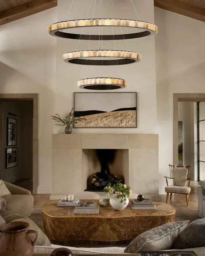 LightsStory Series Geometric Chandelier | Triple Ring Hand-finished natural alabaster columns and sustainable marble detailing, Brush Black and Gold frame for Entryways and dining areas American chandelier