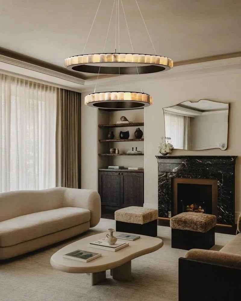 LightsStory Series Geometric Chandelier | Triple Ring Hand-finished natural alabaster columns and sustainable marble detailing, Brush Black and Gold frame for Entryways and dining areas American chandelier
