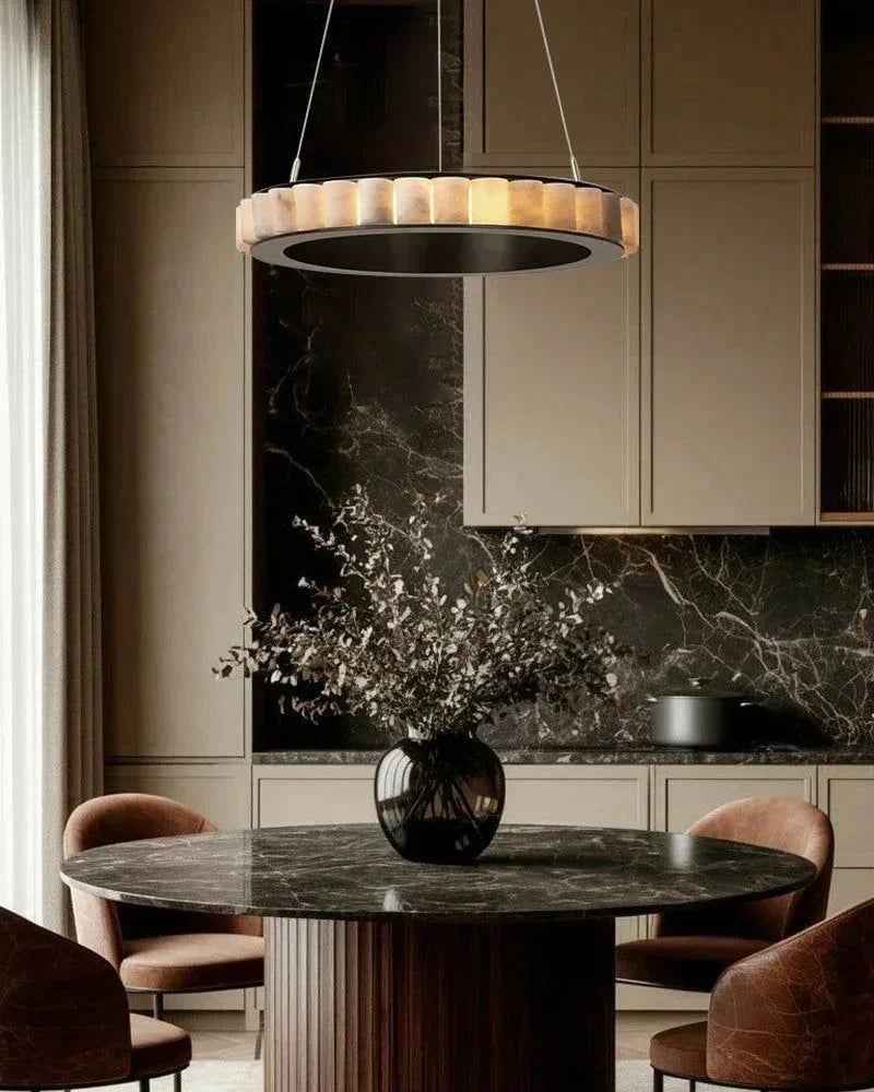 LightsStory Series Geometric Chandelier | Triple Ring Hand-finished natural alabaster columns and sustainable marble detailing, Brush Black and Gold frame for Entryways and dining areas American chandelier