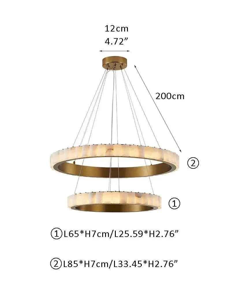 LightsStory Series Geometric Chandelier | Triple Ring Hand-finished natural alabaster columns and sustainable marble detailing, Brush Black and Gold frame for Entryways and dining areas 2 Tier-D65CM+D85CM D26"+D33.5" White + Gold American chandelier