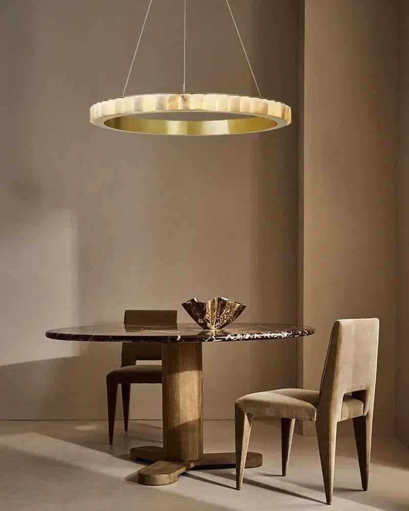LightsStory Series Geometric Chandelier | Triple Ring Hand-finished natural alabaster columns and sustainable marble detailing, Brush Black and Gold frame for Entryways and dining areas American chandelier