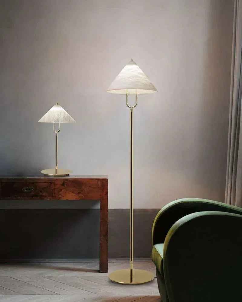 LightsStory Series Geometric Floor Lamp | Cone Shade Handcrafted natural alabaster stone and electrolytic-bathed iron, Polished brass finish for Living rooms, studies, and transitional spaces Modern Designer Floor Lamp