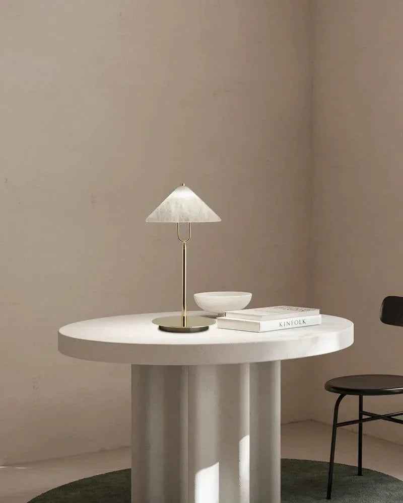 LightsStory Series Geometric Floor Lamp | Cone Shade Handcrafted natural alabaster stone and electrolytic-bathed iron, Polished brass finish for Living rooms, studies, and transitional spaces Modern Designer Floor Lamp