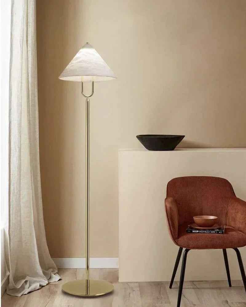 LightsStory Series Geometric Floor Lamp | Cone Shade Handcrafted natural alabaster stone and electrolytic-bathed iron, Polished brass finish for Living rooms, studies, and transitional spaces Modern Designer Floor Lamp