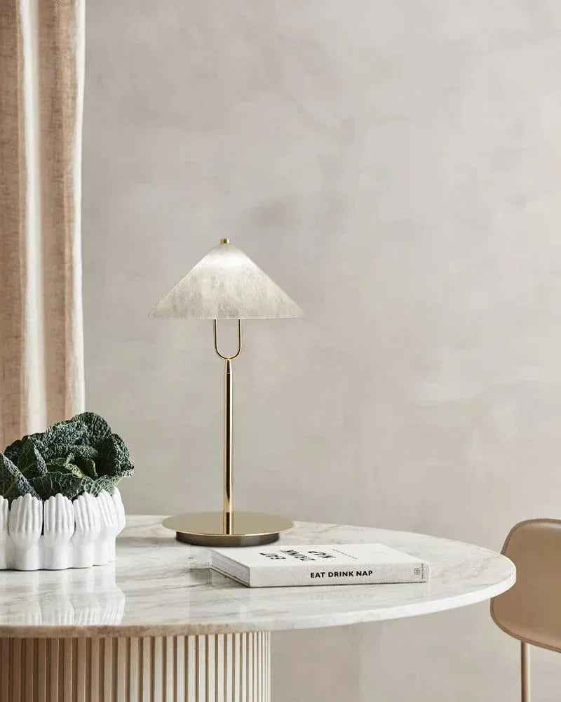 LightsStory Series Geometric Floor Lamp | Cone Shade Handcrafted natural alabaster stone and electrolytic-bathed iron, Polished brass finish for Living rooms, studies, and transitional spaces Modern Designer Floor Lamp