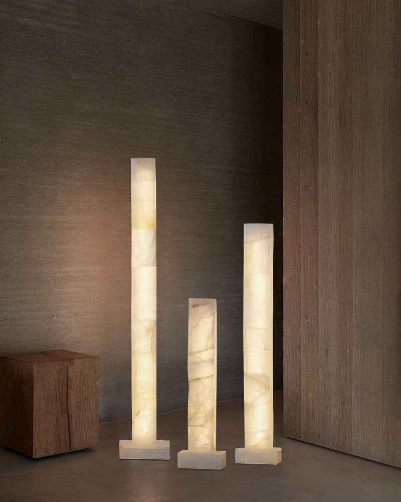 LightsStory Series Geometric Floor Lamp | Square Column Artisan-polished white alabaster panels with natural veining, Flawless polished surface for Living rooms, bedrooms, and hallways American standing floor lamp