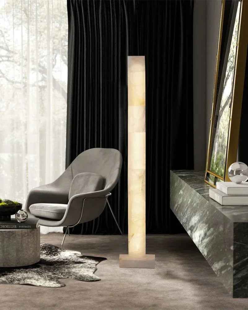 LightsStory Series Geometric Floor Lamp | Square Column Artisan-polished white alabaster panels with natural veining, Flawless polished surface for Living rooms, bedrooms, and hallways American standing floor lamp